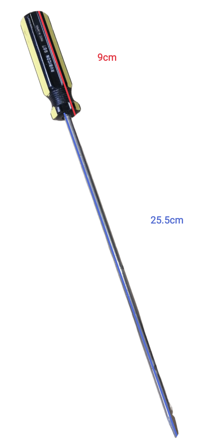 Rubicon 250mm screwdriver with black and yellow handle and long metal shaft for precise hand tool tasks