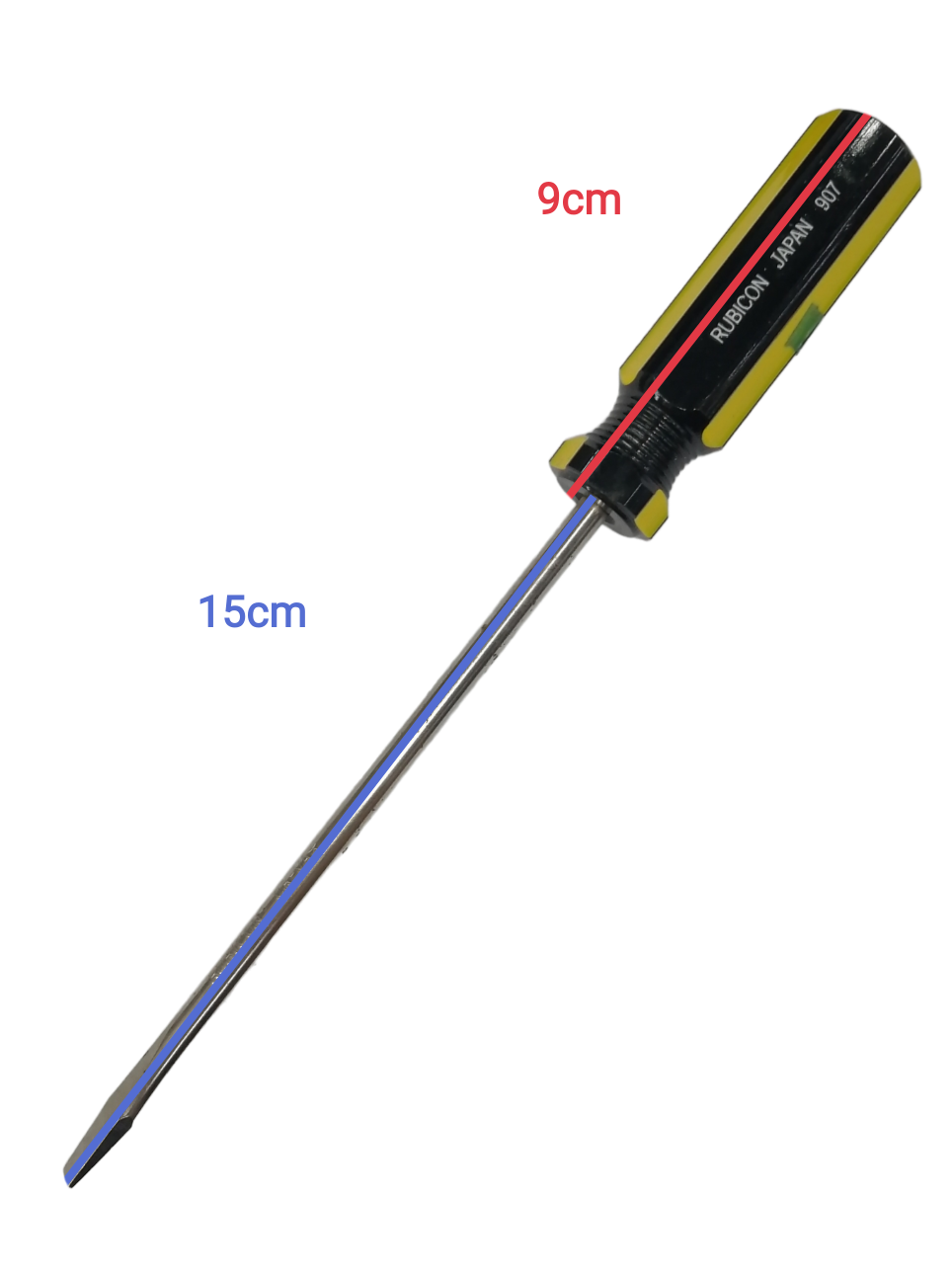 Rubicon 6 inch flat head screwdriver with black and yellow ergonomic handle on black background