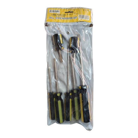 Rubicon 7pcs Screw Driver Set in clear packaging with yellow and black handles for versatile tool use