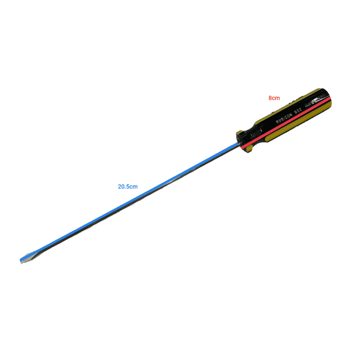 Rubicon 8 Inch Flat Head Screw Driver 902 with black yellow and red handle and long metal shaft