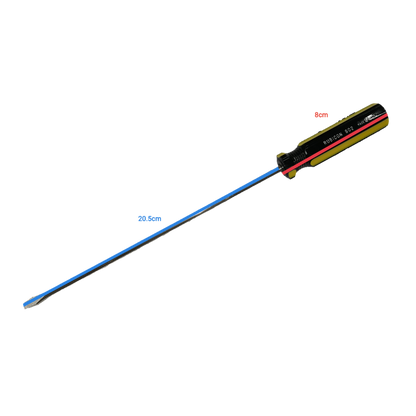 Rubicon 8 Inch Flat Head Screw Driver 902 with black yellow and red handle and long metal shaft
