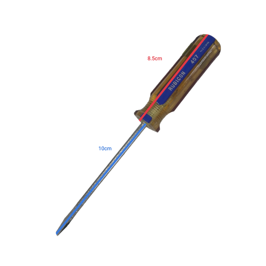 Rubicon Flat Head Screw Driver 407 100mm with clear ergonomic handle and durable metal shaft