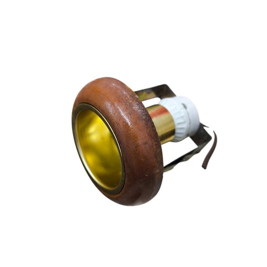 Local E27 golden reflector ceiling light with brass inner reflector and brown wooden trim recessed downlight fitting