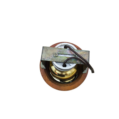 Top view of E27 golden reflector ceiling light with wooden trim mounting bracket and exposed wiring