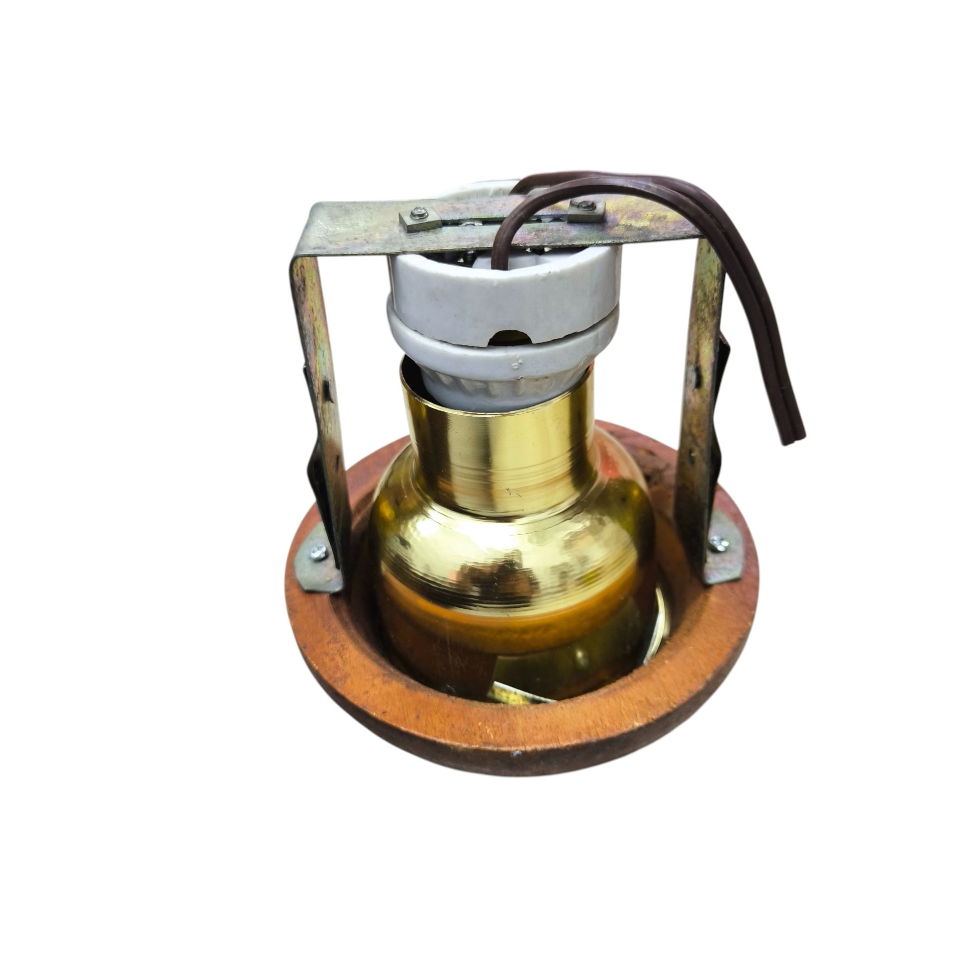 E27 golden reflector ceiling light with brass reflector wooden trim and vintage E27 porcelain socket for recessed lighting