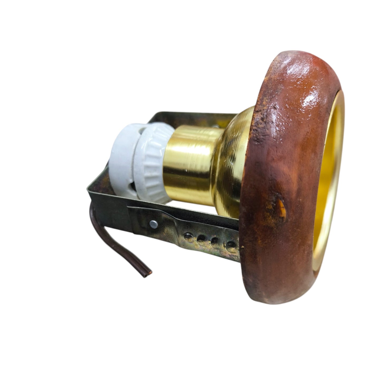E27 golden reflector ceiling light showing brass reflector, white E27 socket, rustic wooden trim and metal mounting bracket