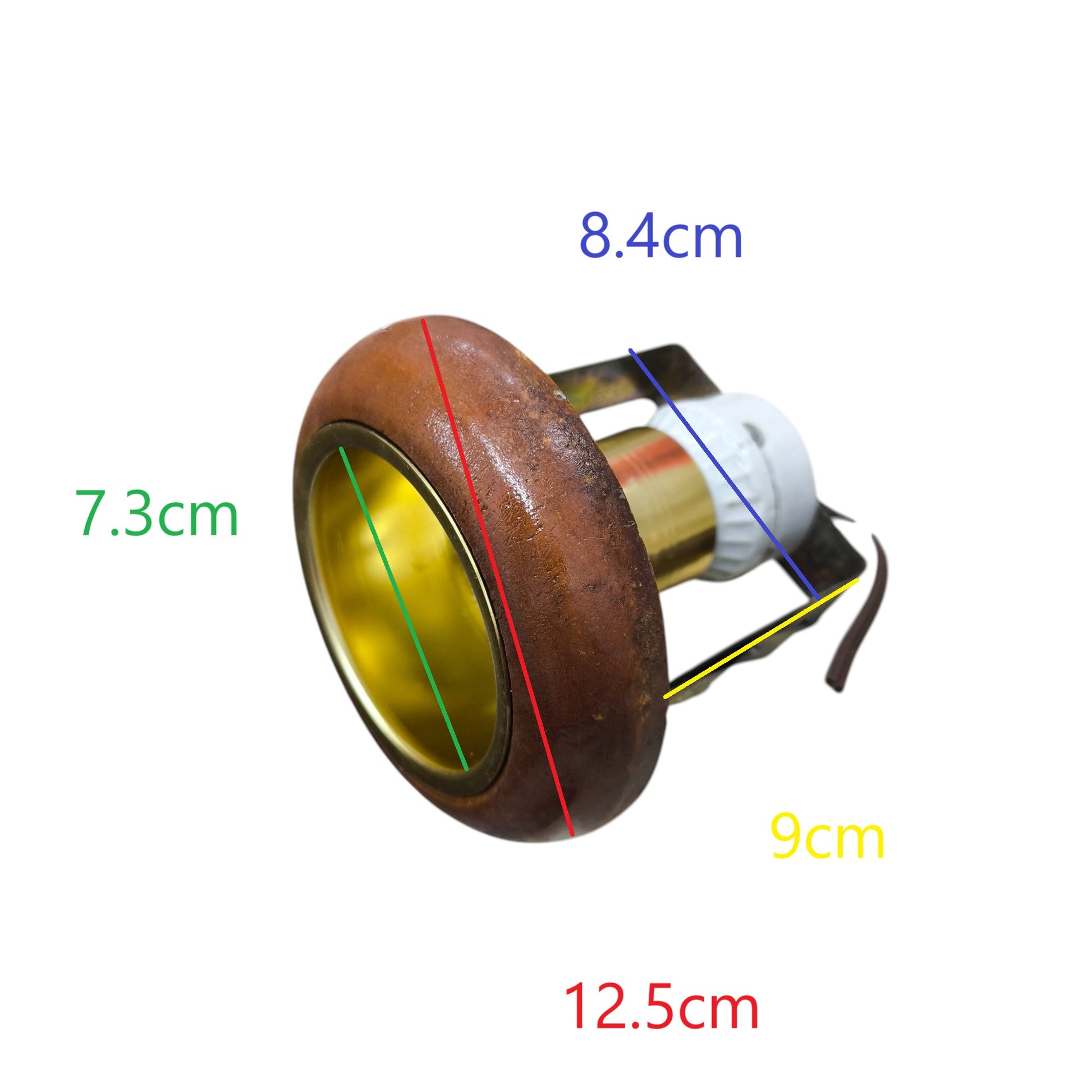 Local E27 golden reflector ceiling light with rustic brown trim brass inner reflector and visible E27 socket