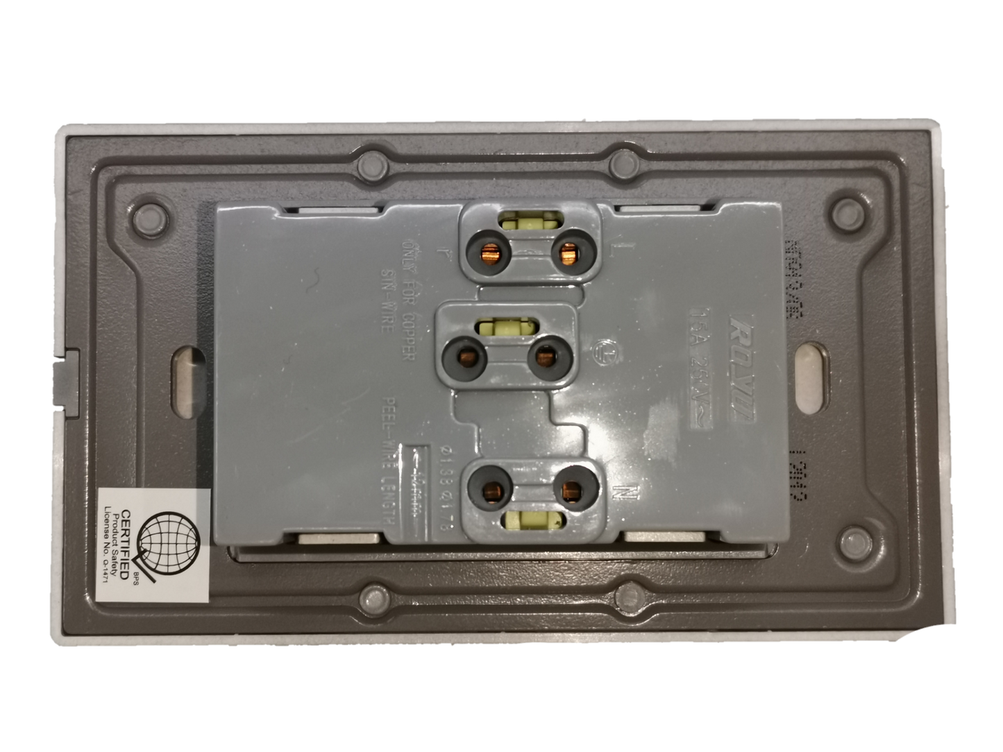 Royu power points outlet with ground dark gray back view showing mounting and wiring connections