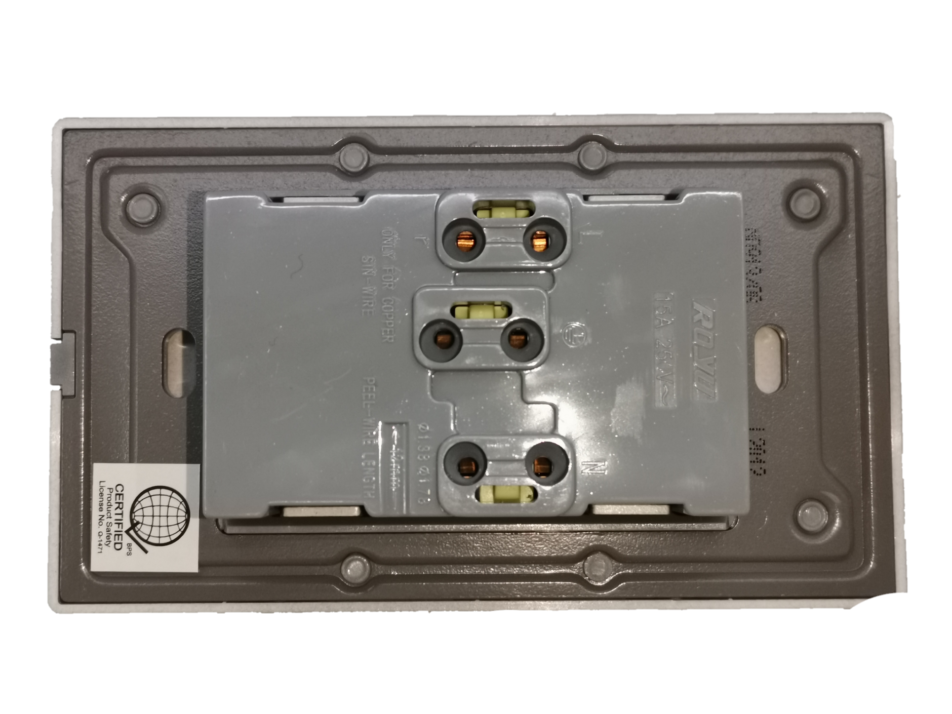 Royu power points outlet with ground dark gray back view showing mounting and wiring connections