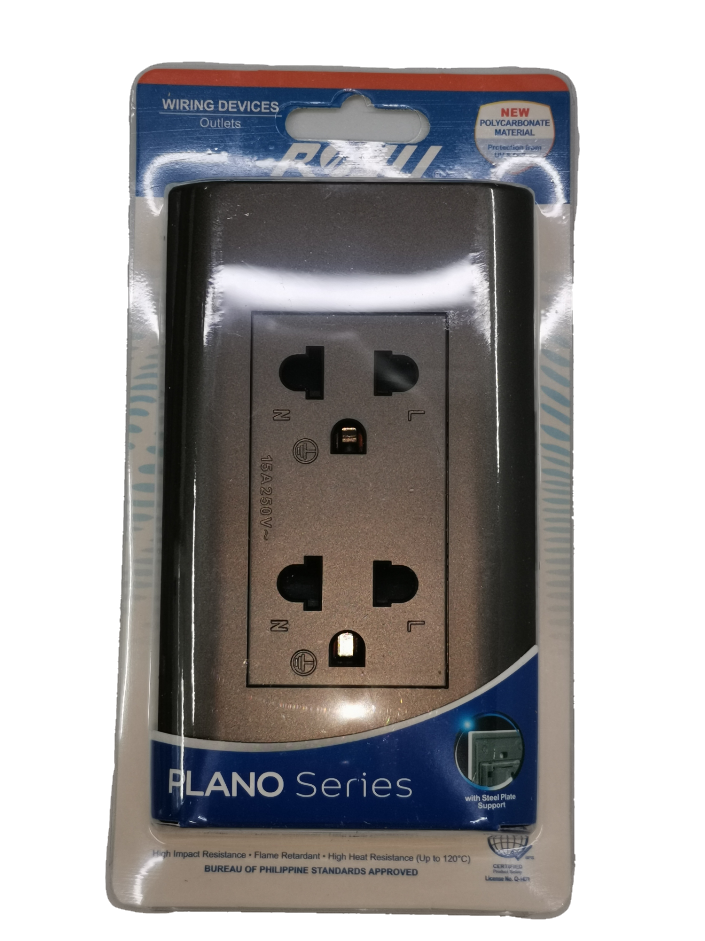 Royu Outlet with Ground Dark Gray from Alano Series packaged for wiring devices and power points