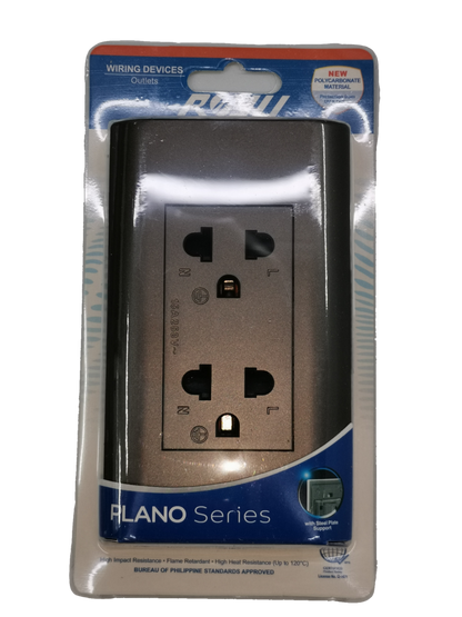 Royu Outlet with Ground Dark Gray from Alano Series packaged for wiring devices and power points