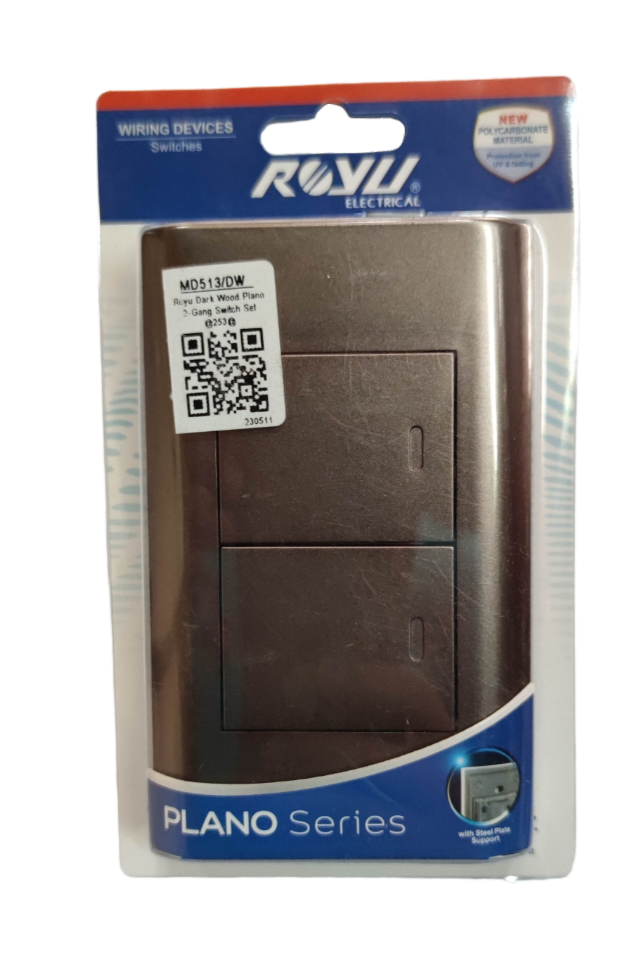Royu MD513 Darkd Wood 2 gang switch in packaging for modern electrical installations