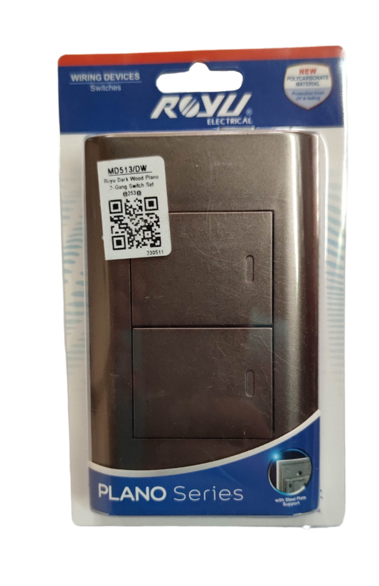 Royu MD513 Darkd Wood 2 gang switch in packaging for modern electrical installations