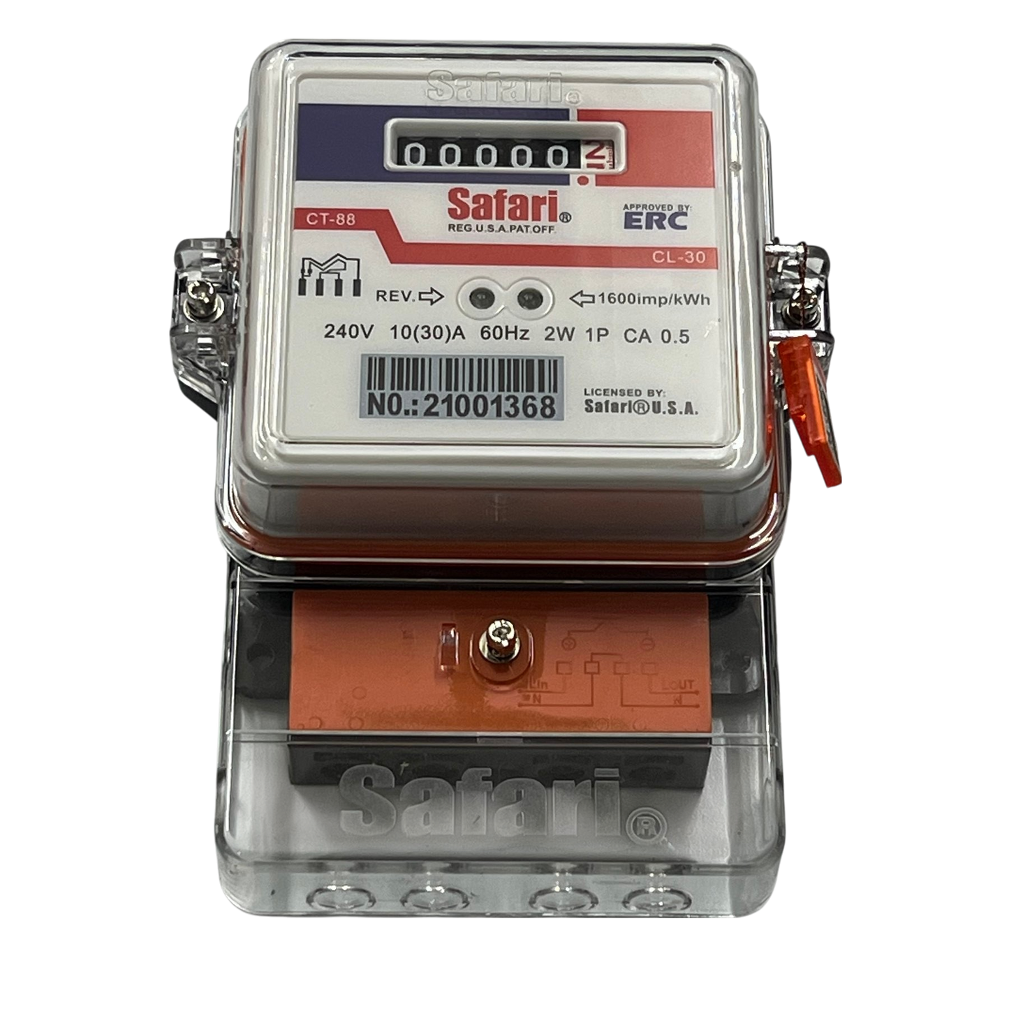Single phase kwh electric meter by Electx Electrical Supply with clear digital display and transparent casing