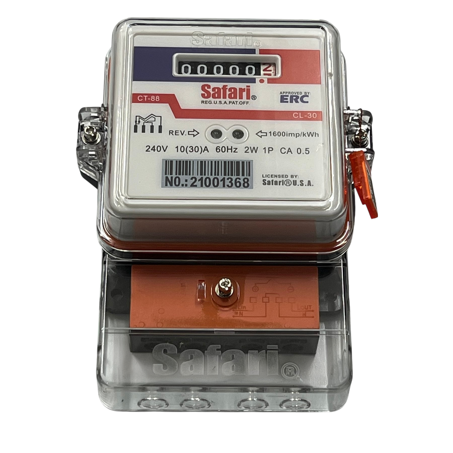 Single phase kwh electric meter by Electx Electrical Supply with clear digital display and transparent casing