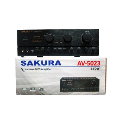 Sakura AV-5023 home karaoke amplifier in black with various input options and knobs