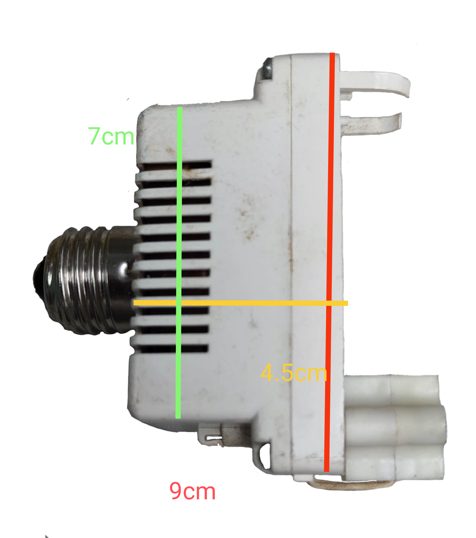 PLC Adaptor to E27 5W-11W white lighting installation accessory with dimensions on black background