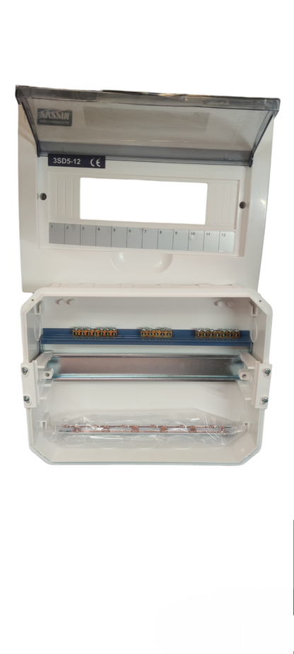 Sassin 12 Ways Panel Board Recessed electrical circuitry part with transparent cover and labeled slots