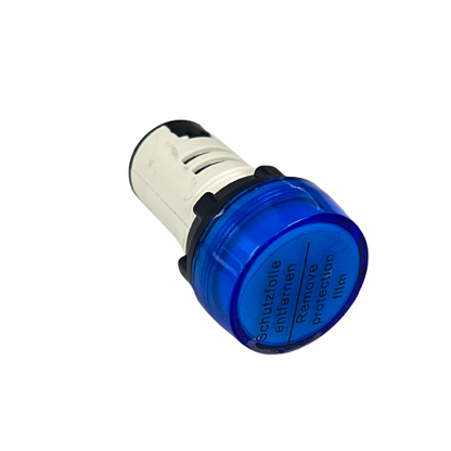 Grippes LED indicator lamp 22mm 24V blue panel mount with protective film and white plastic housing