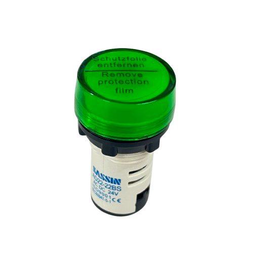 Grippes LED Indicator Lamp 22mm 24V. green panel mount signal light showing remove protection film