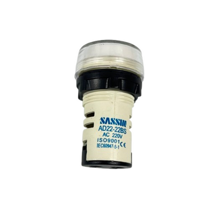 Sassin Pilot Lamp WHITE 22mm 220V AC indicator light with clear lens and snap in mount for control panels
