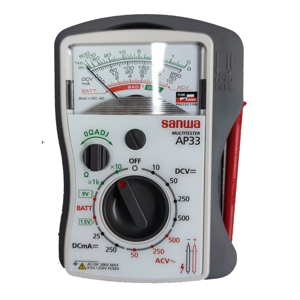 Sanwa analog pocket tester AP-33 500V AC with easy-to-read dial and probes for electrical testing