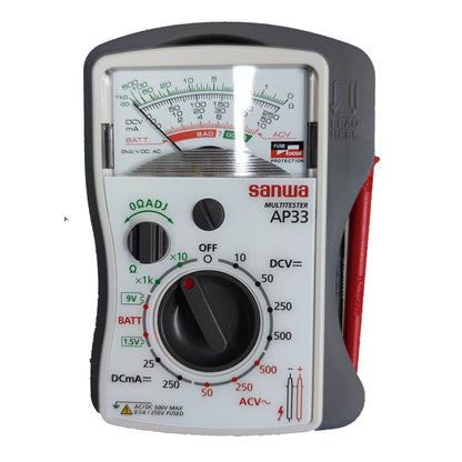 Sanwa analog pocket tester AP-33 500V AC with easy-to-read dial and probes for electrical testing