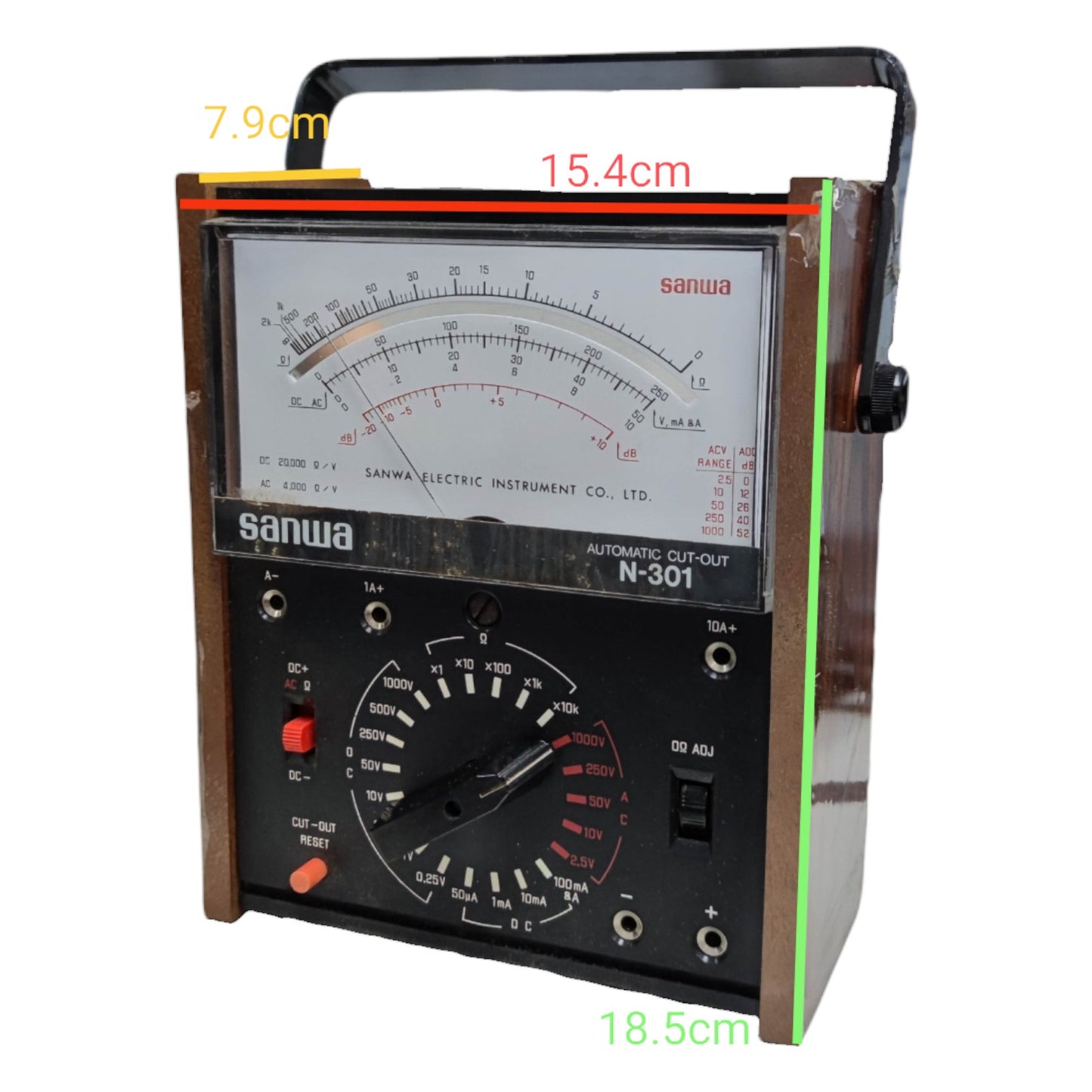 Vintage Sanwa electric instrument with measurements on a white background Sanwa Automatic Cut-Out Multi Tester Vintage Multi Power Tester N-301 (For Display on your Collection)