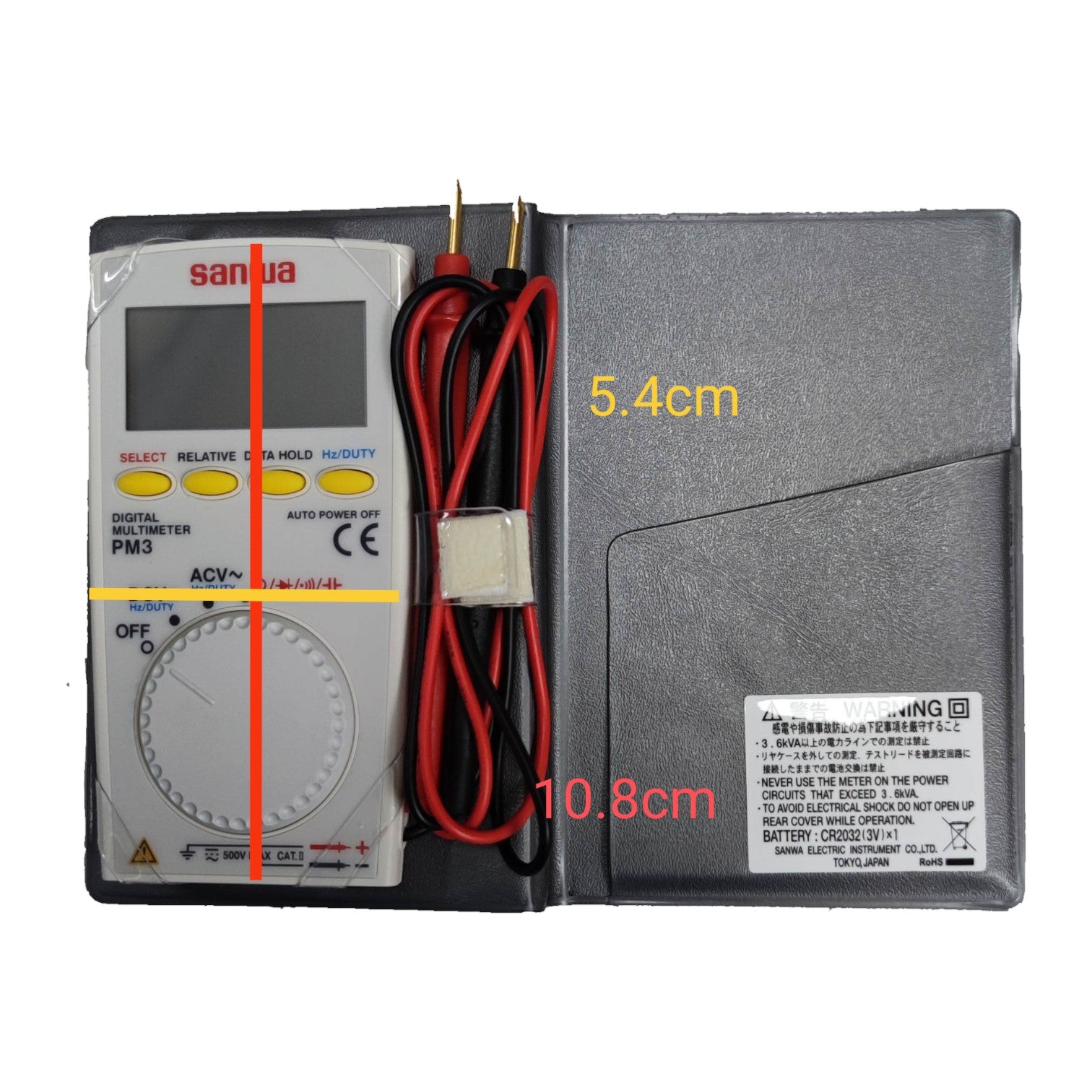 Digital multimeter with red and black cables on a white background Sanwa Digital Pocket Meter PM3 4000 Counts LCD Display 500V AC/DC