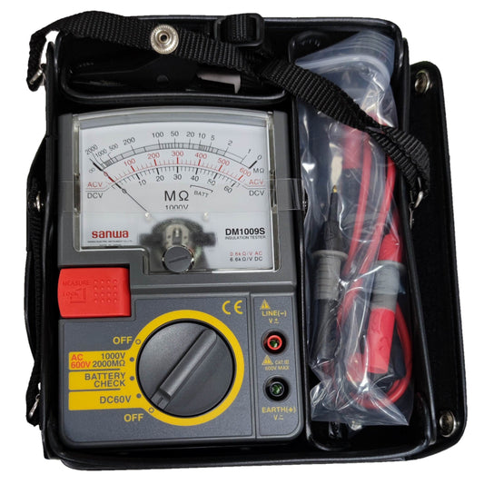 Sanwa Insulation Resistance Tester DM1009S with analog display and test lead set in carrying case