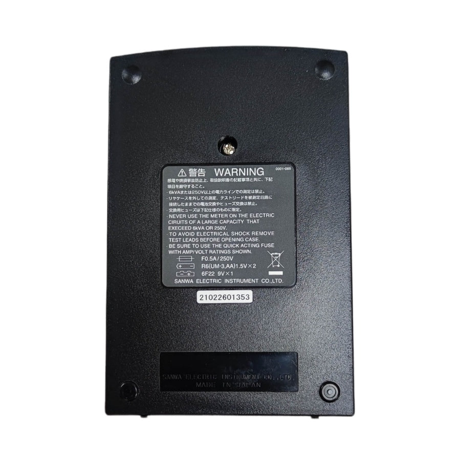 Back view of the SANWA YX-361TR multi-tester showing warning label and specifications