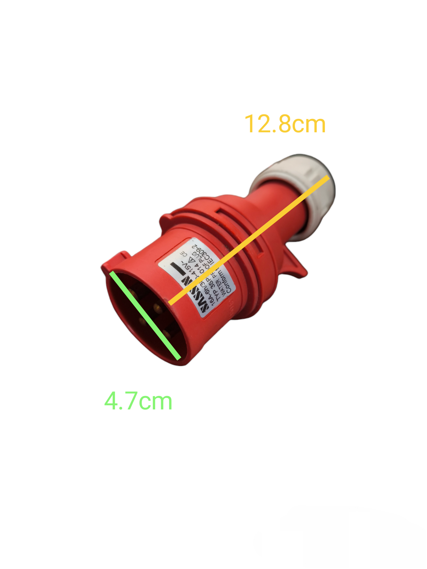 Sassin 16A Industrial Plug red electrical connector with dimensions 12.8 cm by 4.7 cm
