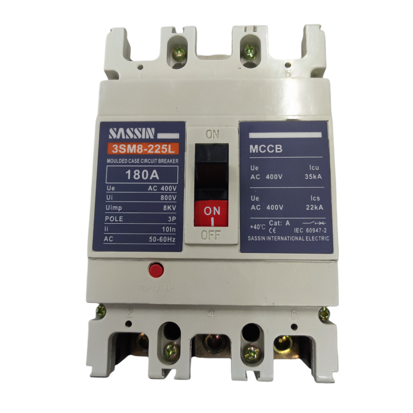 Himel 180A 3 Pole Industrial Circuit Breaker with white casing and red ON switch