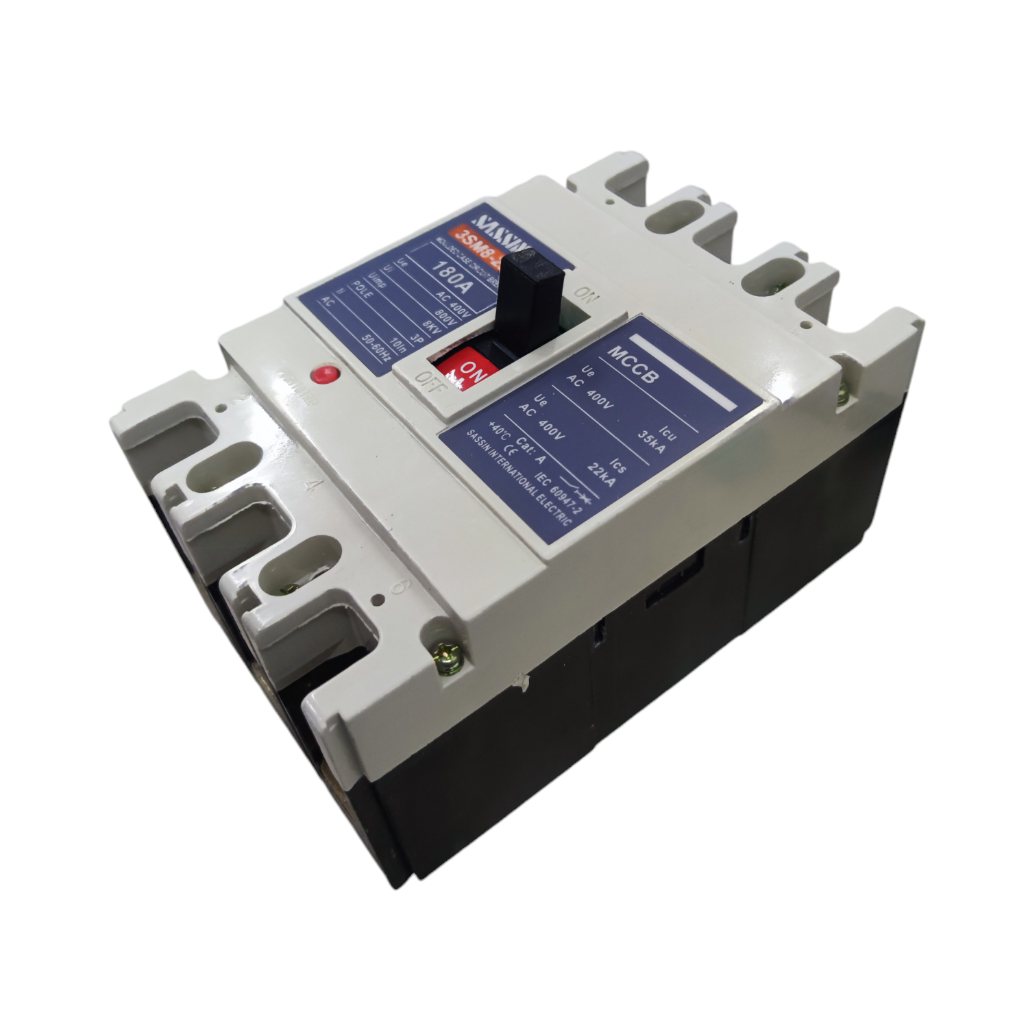 Himel 180A 3 Pole Industrial Circuit Breaker with black switch and white casing for electrical protection