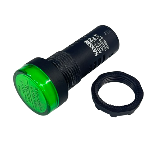 22mm LED indicator lamp 36V green Sassin panel mount control indicator with black housing and mounting nut