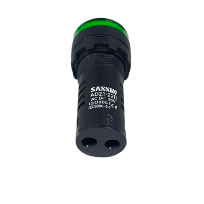 Sassin 22mm LED indicator lamp 36V green panel mount with black body and two pin connector for work and safety lights