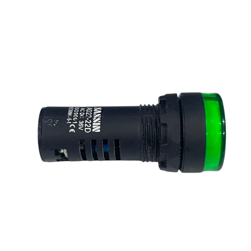 Sassin 22mm LED indicator lamp 36V green panel mount with black cylindrical housing for work and safety lights
