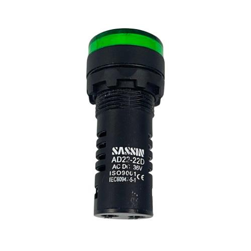 Sassin 22mm LED indicator lamp 36V green panel mount industrial status light black housing