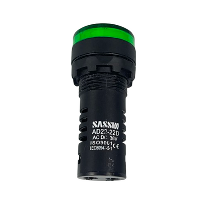 Sassin 22mm LED indicator lamp 36V green panel mount industrial status light black housing