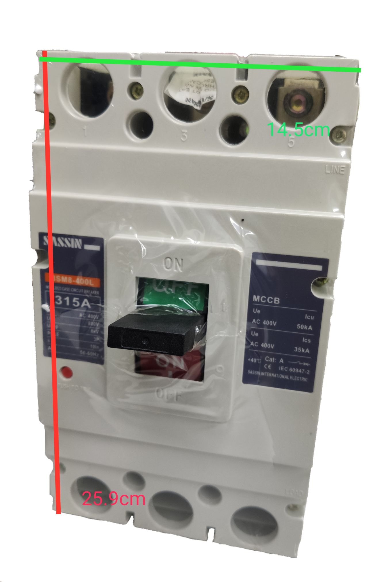 Sassin 315A Industrial Circuit Breaker 3 Pole with black switch and compact design
