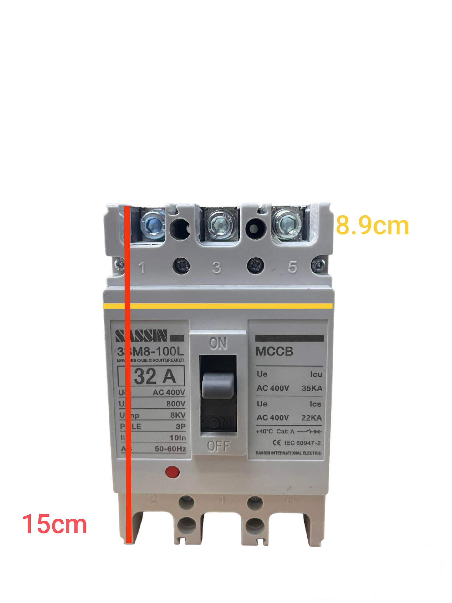 Sassin 32A 3Pole Industrial Circuit Breaker MCCB with ON OFF switch and labeled specifications