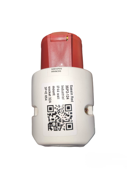 Sassin 32A industrial wall outlet red and white heavy duty power plug with label and QR code