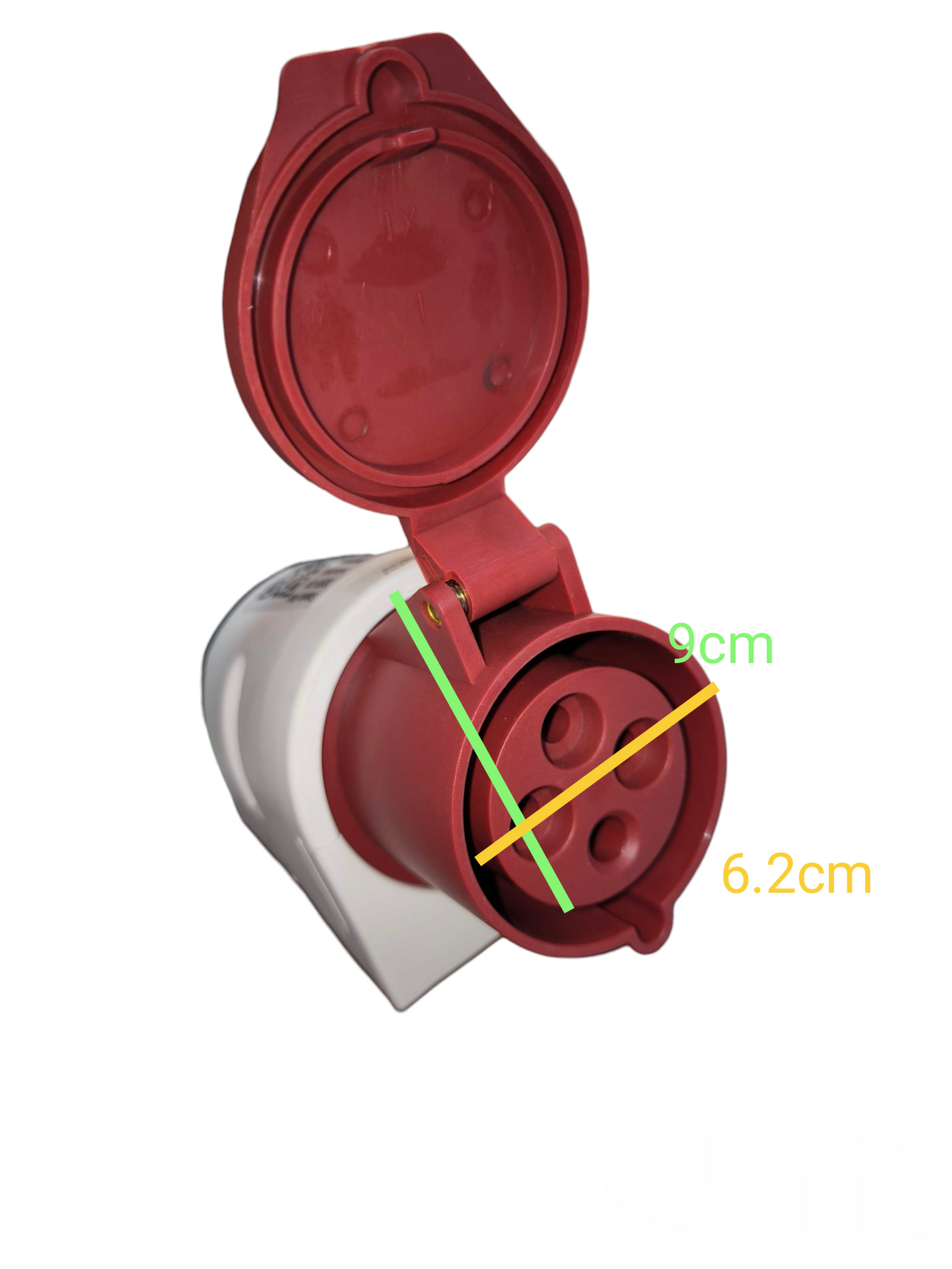 Sassin 32A industrial wall outlet in red and white with protective flip cover and measurement markings