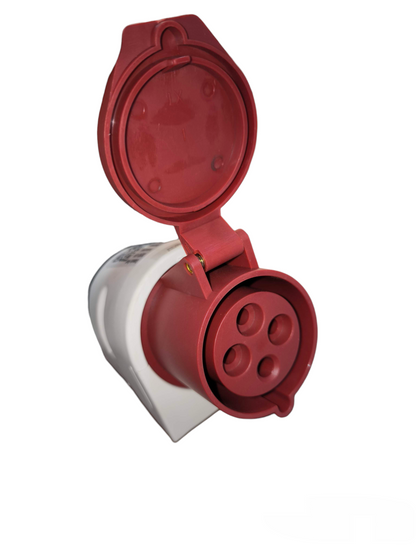 Sassin 32A industrial wall outlet with red protective cover and four pin sockets for heavy-duty power connections