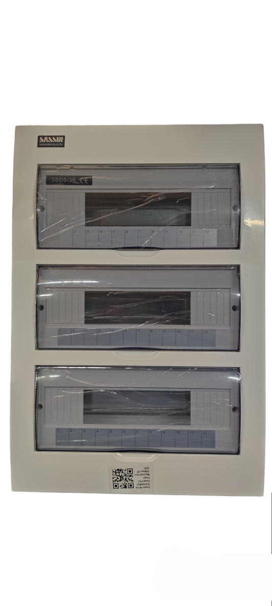 Sassin 36 ways recessed panel board with three transparent sections for electrical circuitry and parts