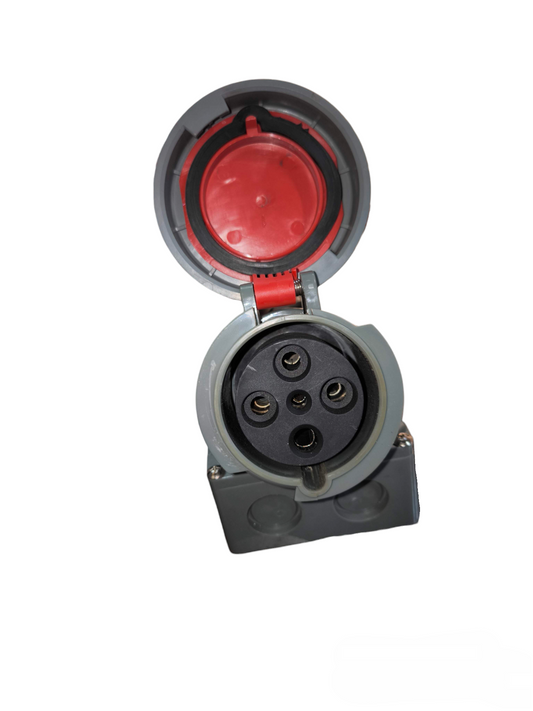 Sassin 4 Pins Industrial Outlet Wall Type power socket with protective red cover for secure electrical connections