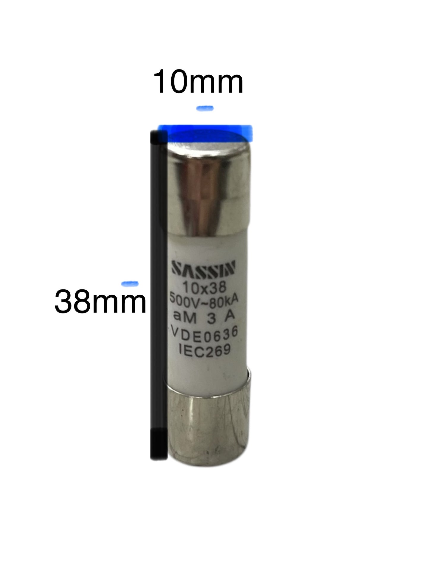 Ceramic Fuse 3A 500V 10x38mm electrical component with metal end caps and labeled specifications