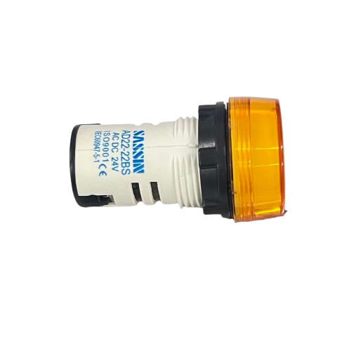 Grippes LED indicator lamp 22mm 24V Yellow panel mount with amber lens and threaded white body