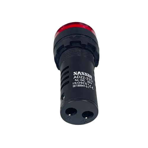 Sassin LED indicator lamp 22mm 36V Red with threaded black housing and two pin connector for panels
