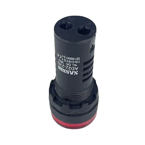 Sassin LED indicator lamp 22mm 36V Red panel mount with black cylindrical body and red lens